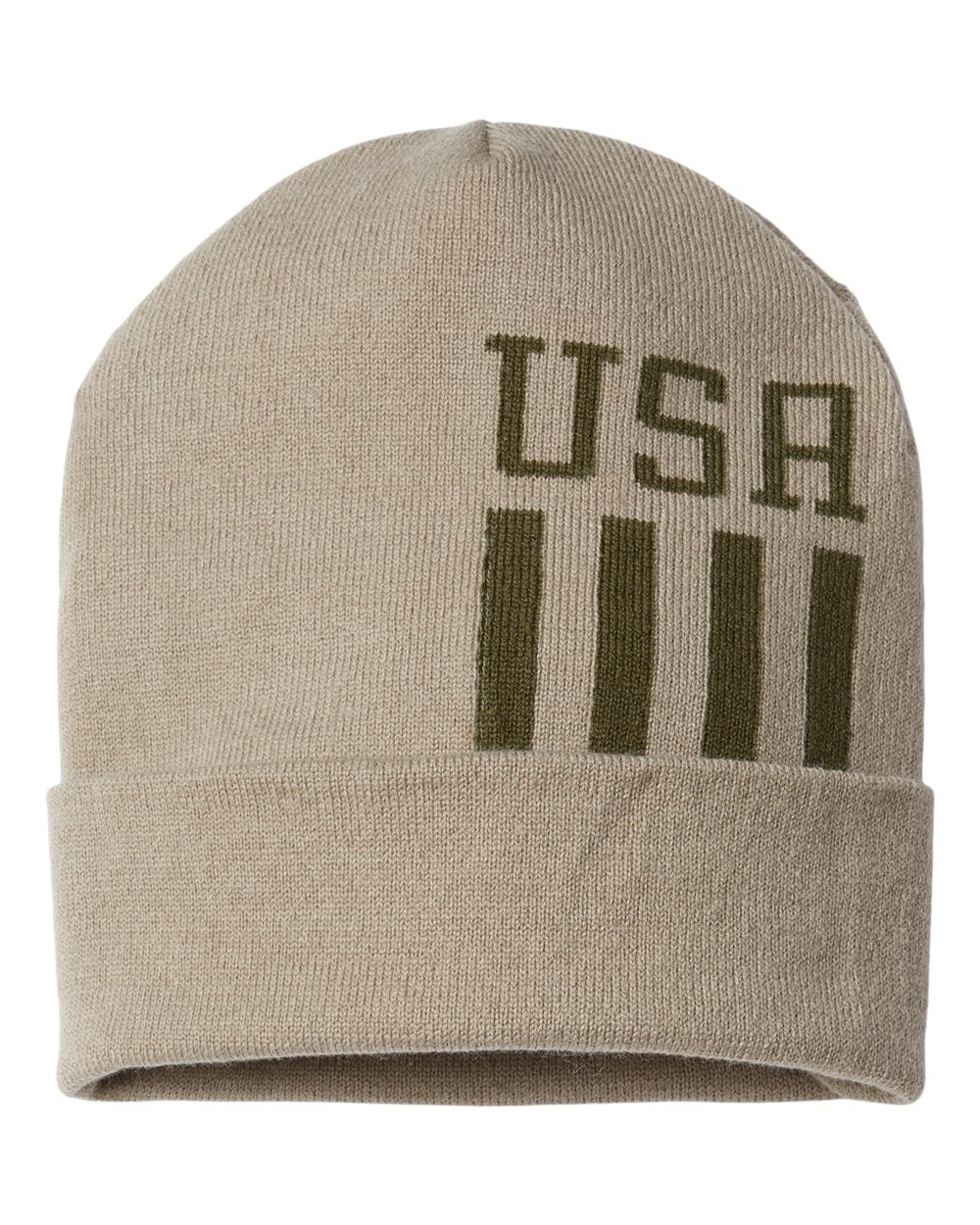 USA-Made Patriotic Cuffed Khaki/ Olive USA and Striped Beanie