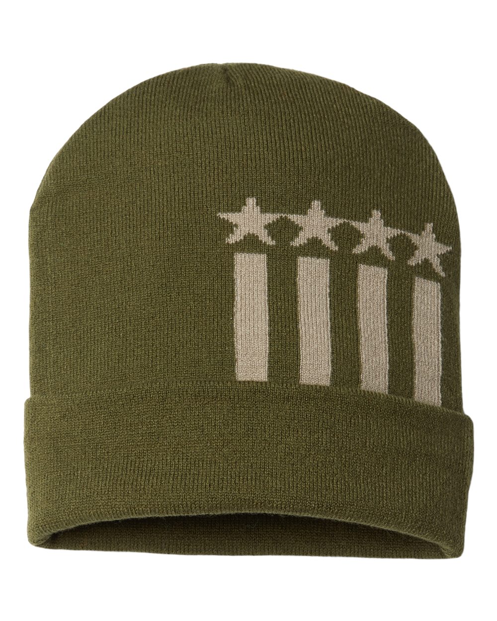 USA-Made Patriotic Cuffed Olive/Khaki Stars and Stripes Beanie