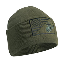 Load image into Gallery viewer, USMC Eagle, Globe &amp; Anchor US Flag Olive Drab Knit Watch Cap