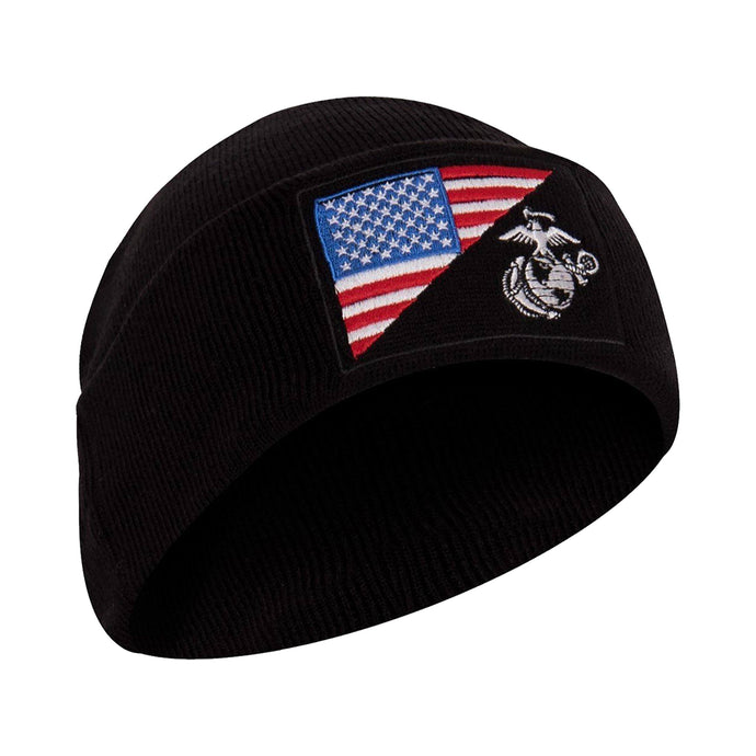 USMC Eagle, Globe and Anchor / US Flag Deluxe Fine Knit Watch Cap- Black