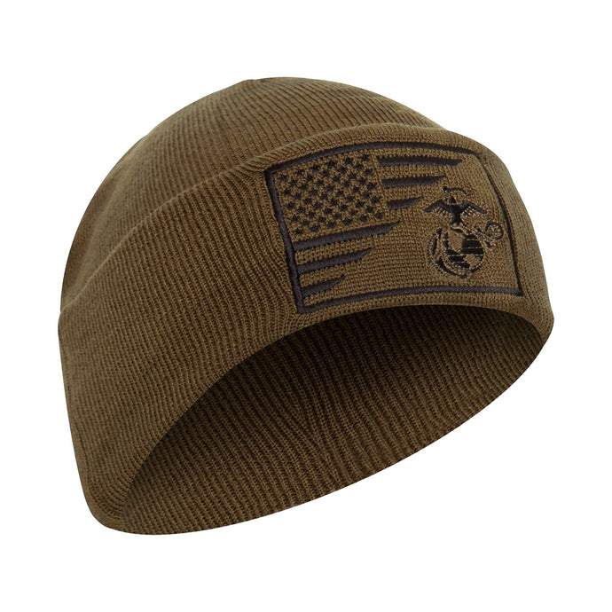 USMC Eagle, Globe and Anchor / US Flag Deluxe Fine Knit Watch Cap- Coyote Brown